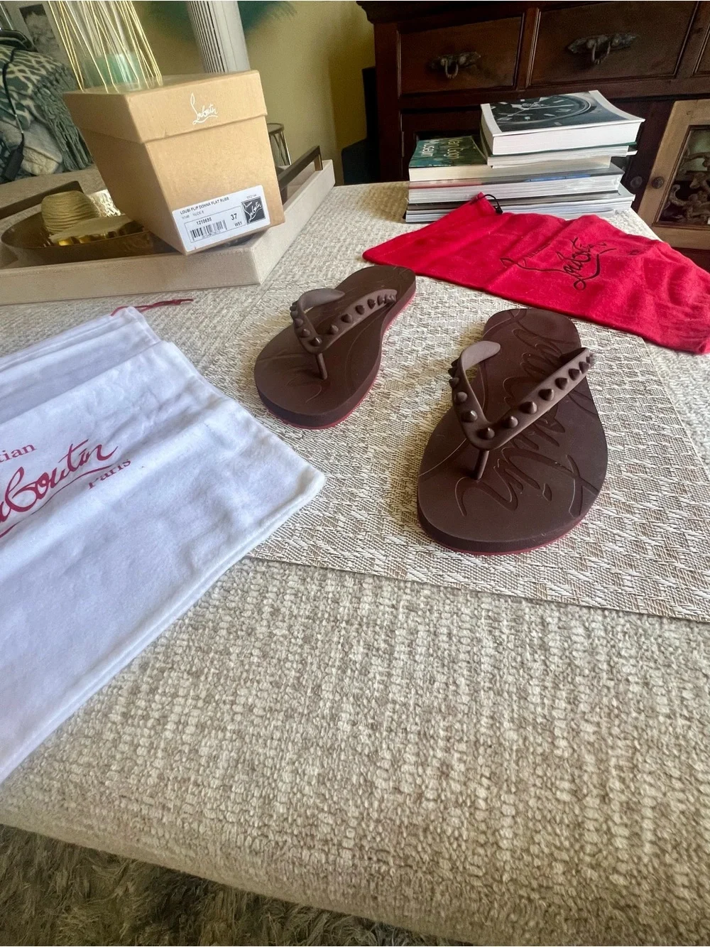 Christian Louboutin Loubi Donna Brown Studded Flip Flop Sandals-Size 37 - Picture 6 of 10